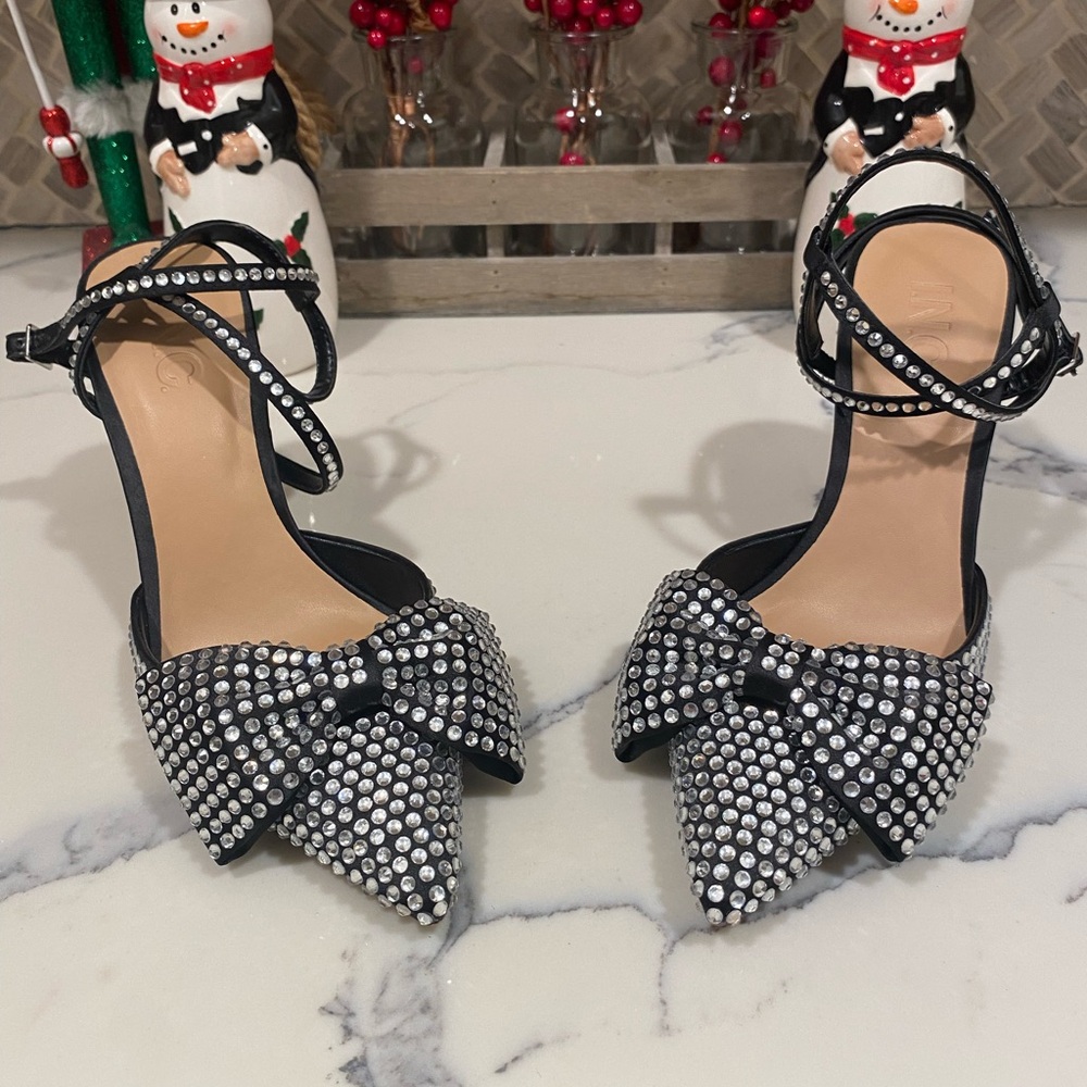 INC International Concepts Black Bow Rhinestone Heels